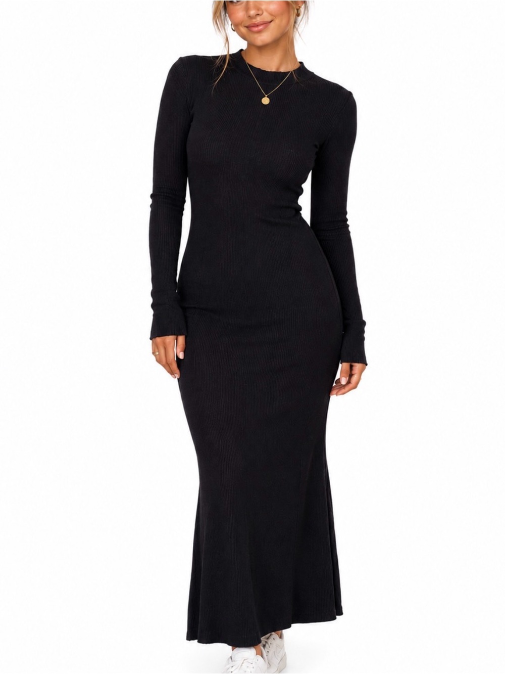 Merokeety Black Long Sleeve Ribbed Maxi Dress stretch form fitting SZ SM